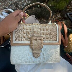 Brahmin Tan and Cream Croc-Embossed Satchel